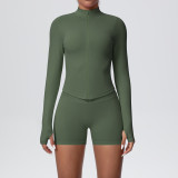 Women's Seamless Solid Color Tight-Fitting High Stretch Breathable Zipper Running Fitness Two-Piece Set