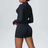 Women's Seamless Solid Color High Stretch Breathable Short Jacket Sport Running Fitness Three-Piece Set