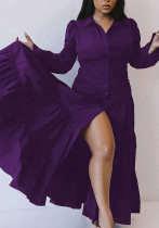 Women Solid Turndown Collar Long Sleeve Dress