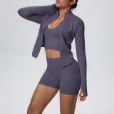Women's Seamless Solid Color High Stretch Breathable Short Jacket Sport Running Fitness Three-Piece Set