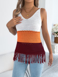 Women Spring/Summer Casual V-Neck Color Block Tassel Sleeveless Knitting Holidays Top
