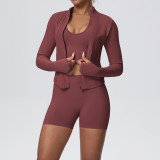 Women's Seamless Solid Color High Stretch Breathable Short Jacket Sport Running Fitness Three-Piece Set