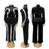 Women Autumn/Winter Sporty Color Block Casual Half-Open Long-Sleeve Jumpsuit