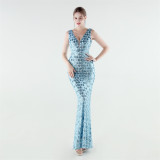 Women Sequined Beaded Mermaid Evening Gown