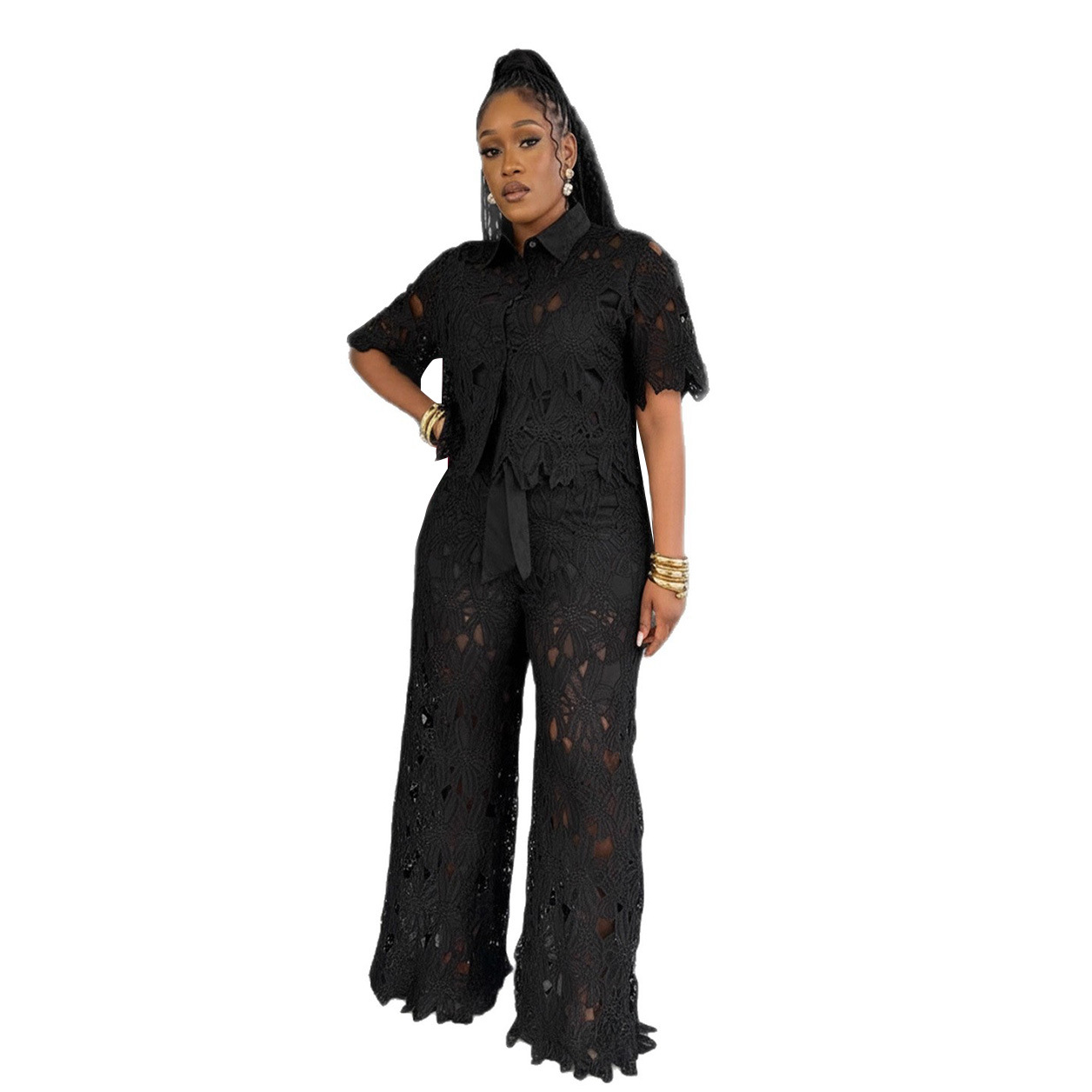 Women Elegant Hollow-Out Lace Top and Pant Two-Piece Set