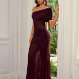 Women French Mesh See-Through Slash Shoulder Sexy Off-Shoulder Pleated Maxi Dress