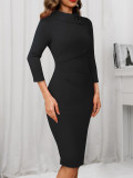 Women Solid Round Neck Three-Quarter Sleeve Bodycon Dress