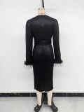 Women Autumn Sexy Elegant V-Neck Black Slit Dress