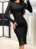 Women Round Neck Lace Patchwork Bodycon Dress