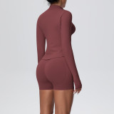 Women's Seamless Solid Color High Stretch Breathable Short Jacket Sport Running Fitness Three-Piece Set