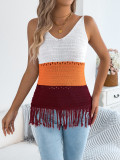 Women Spring/Summer Casual V-Neck Color Block Tassel Sleeveless Knitting Holidays Top