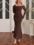 Women Spring/Autumn Mesh Long-Sleeve Off-Shoulder Sexy Backless Strapless Pleated Bodycon Dress