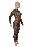 Women Sexy Mesh Leopard Print See-Through Long-Sleeve Jumpsuit