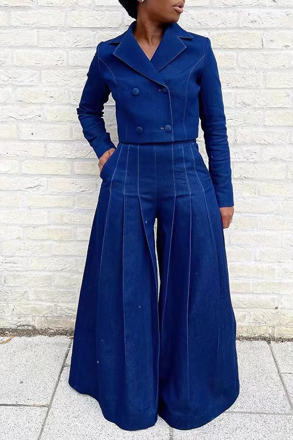 Women autumn/winter denim turndown collar top and wide-leg pants two-piece set