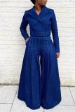 Women autumn/winter denim turndown collar top and wide-leg pants two-piece set