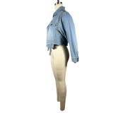 Women distressed irregular rhinestone studded shirt collar long-sleeved denim jacket