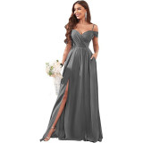 Women Off-Shoulder Bridesmaid Wedding Chiffon Sexy Ruffled Evening Gown（Processing time need 3-6 days）