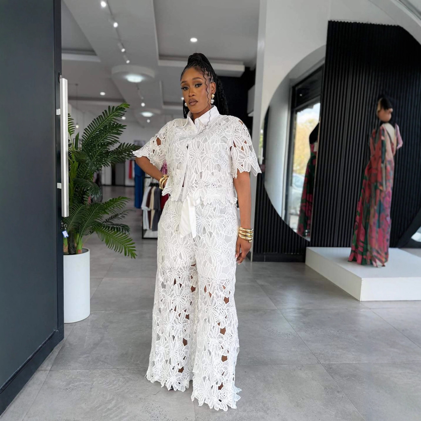 Women Elegant Hollow-Out Lace Top and Pant Two-Piece Set