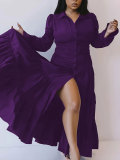 Women Solid Turndown Collar Long Sleeve Dress