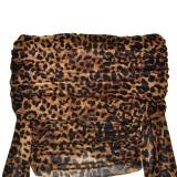 Women autumn leopard print see-through sexy backless long-sleeved top and pant two-piece set