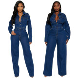 Women Stretchy Bell Bottom Long-Sleeve Denim Jumpsuit