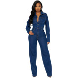 Women Stretchy Bell Bottom Long-Sleeve Denim Jumpsuit