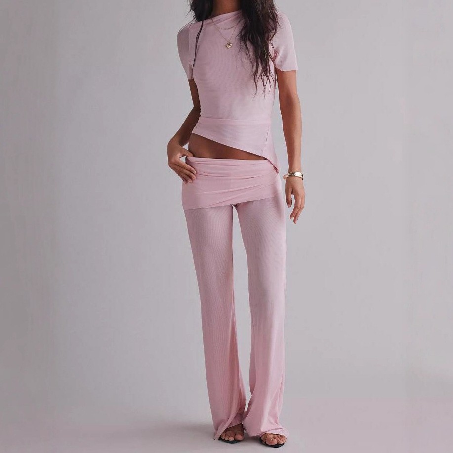 Women Autumn Solid Polka Dot Long Sleeve Short Irregular Top and Pants Two-Piece Set