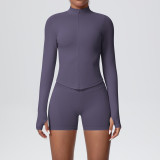 Women's Seamless Solid Color Tight-Fitting High Stretch Breathable Zipper Running Fitness Two-Piece Set