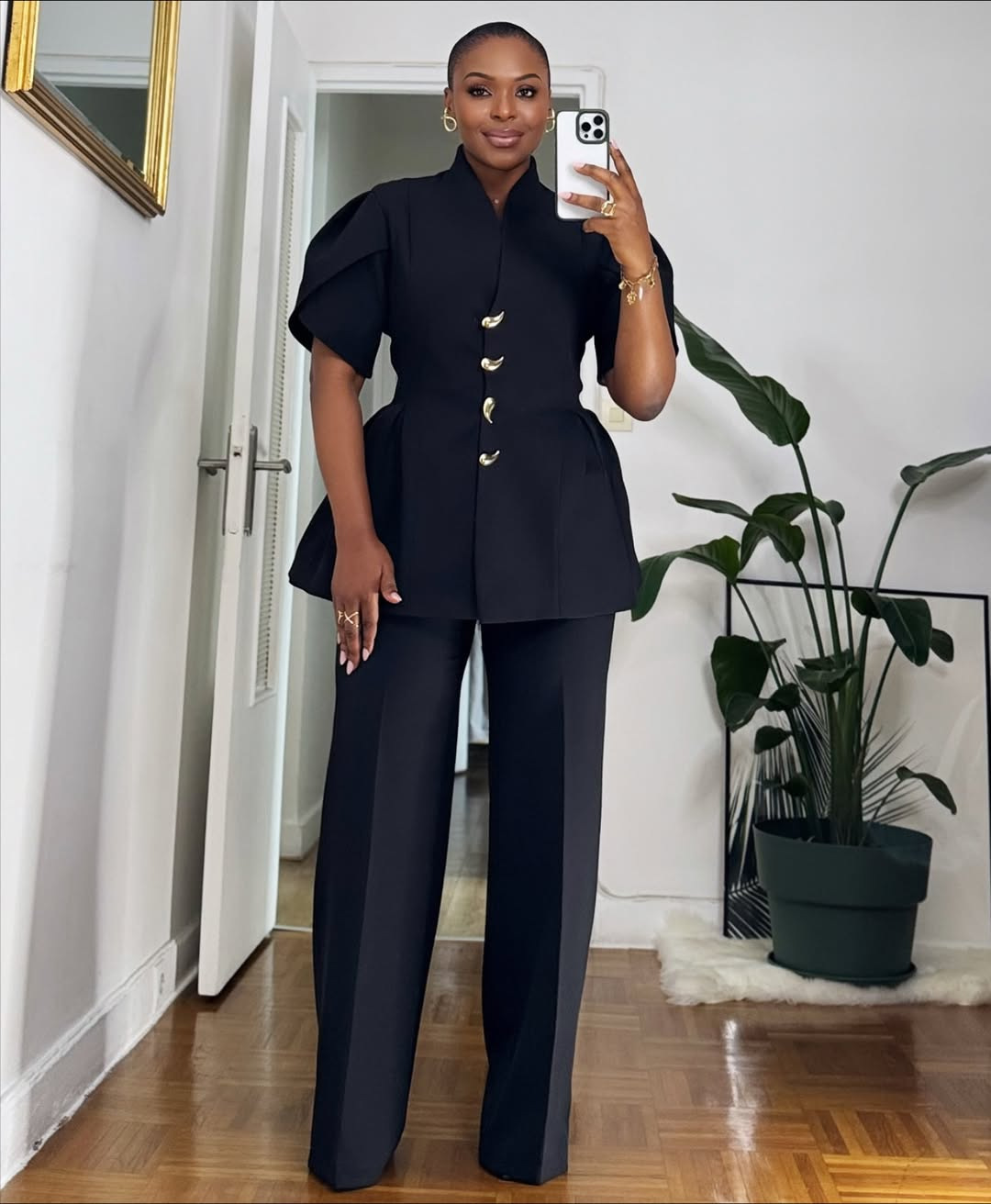 Women Elegant Puff Sleeve Button Top and Pant Two-Piece Set