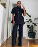 Women Elegant Puff Sleeve Button Top and Pant Two-Piece Set