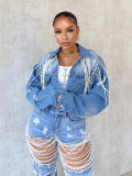 Women pearl chain beaded denim jacket