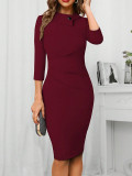 Women Solid Round Neck Three-Quarter Sleeve Bodycon Dress