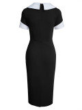 Women Short Sleeve Color Block Neck Dress
