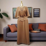 Autumn Women's Luxury Rhinestone Pleated Loose African Fashion Plus Size Wide Leg Pants Set