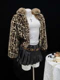 Women Furry Casual Leopard Print Hooded Jacket