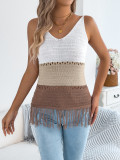 Women Spring/Summer Casual V-Neck Color Block Tassel Sleeveless Knitting Holidays Top