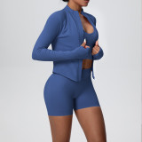 Women's Seamless Solid Color High Stretch Breathable Short Jacket Sport Running Fitness Three-Piece Set
