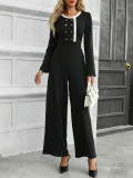 Women Elegant Color-Blocked Long-Sleeve Jumpsuit