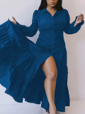 Women Solid Turndown Collar Long Sleeve Dress
