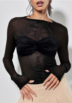 Women Autumn/Winter Long Sleeve Veet Patchwork T-Shirt Top