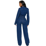 Women Stretchy Bell Bottom Long-Sleeve Denim Jumpsuit