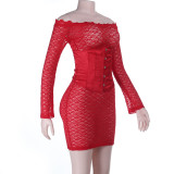 Women Off Shoulder Lace Corset Autumn Sexy Long Sleeve Bodycon Dress