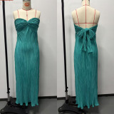 Women's Strapless Pleated Slim Fit Bow Slit Evening Gown