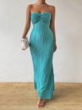 Women's Strapless Pleated Slim Fit Bow Slit Evening Gown