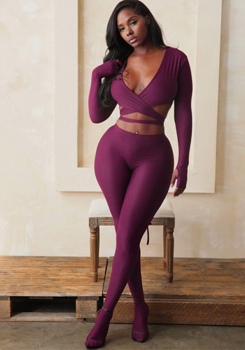 Women's Autumn Winter V-Neck Cross Lace-Up Open Waist Fingerless Top High Waist Pants Set