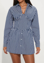 Women's Autumn Striped Button-Down Turndown Collar V-Neck Dress