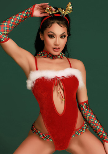 Women Red Bodysuit Christmas Costume Sexy Role-Play Lingerie Uniform