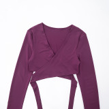 Women's Autumn Winter V-Neck Cross Lace-Up Open Waist Fingerless Top High Waist Pants Set