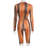 Women's Autumn Winter Snake Print Round Neck Pullover Crop Top Tight Fitting Pants Set