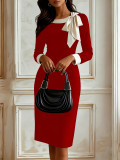 Women's Professional Chic Bow Tie Bodycon Color Block Office Dress